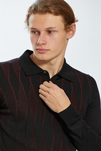 Ecer Светр з коміром-поло, облягаючий крій, чорно-бордовий, чоловічий 72322223