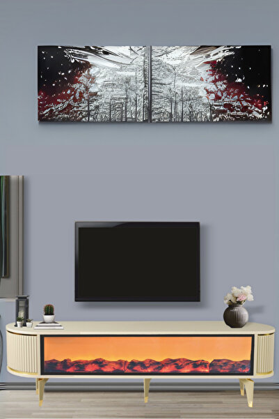 Nevamobilya Talia Şömineli Tv Sehpası Cappuccino Gold Oval Bluetooth Hoparlörlü 7 Renk Efektli 160x40x50 Cm