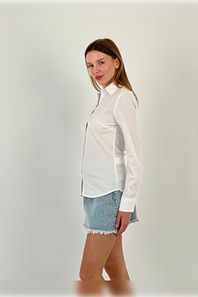 Miss Poem Γυναικείο στενό καλοκαιρινό βασικό λευκό πουκάμισο που ταιριάζει στο σώμα