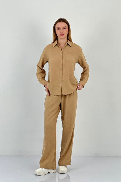 Miss Poem Women's Oversize Shirt Palazzo Pants Bottom Top Camel Double Set