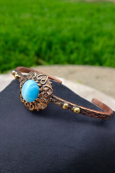 NBS Beautiful Naturel Stones Copper Pure Bracelet Adjustable Cat's Eye Stone Antique Unique Design (Evil Eye)