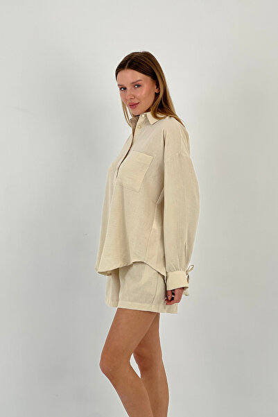 Miss Poem Women's Summer Oversize Shirt Mini Shorts Bottom Top Beige Two Piece Set