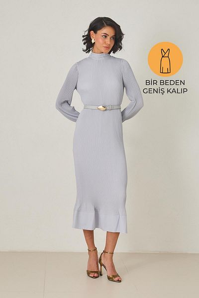 Setre Light Gray Pleated Detailed Midi Length Belted Dress