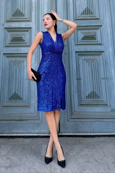 lodmela Φόρεμα μίντι με διπλό γιακά με παγιέτες 6031-Μπλε νύχτας