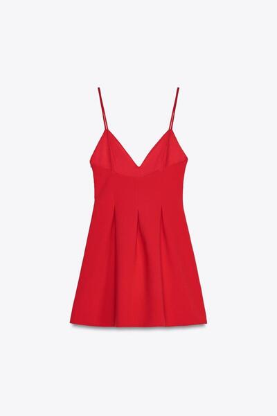 OLSAMODA Women's V-Necklace Thin Strap Pleated Blouse Dress