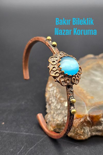 NBS Beautiful Naturel Stones Copper Pure Bracelet Adjustable Cat's Eye Stone Antique Unique Design (Evil Eye)