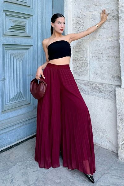 lodmela Pantaloni din șifon plisat cu talie elastică 6030-Burgundy