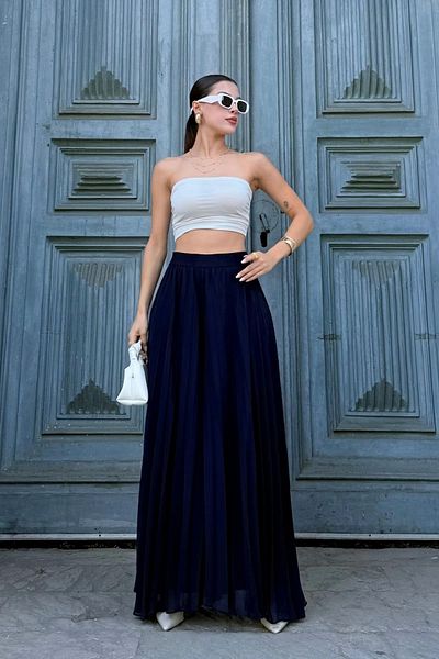 lodmela Elastic Waist Pleated Chiffon Trousers 6030-Navy Blue