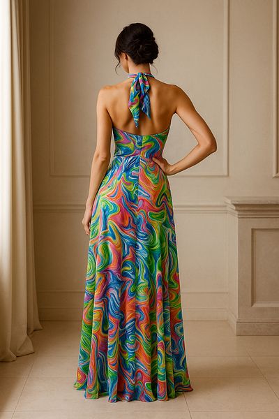 Ceylen Halter Neckline Tulle Detail Long Evening Dress