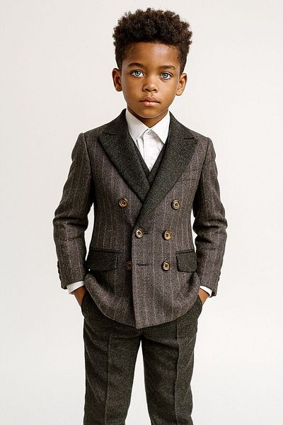 Micio Boy's Smoked Color Purple Striped Double Breasted Jacket Anthracite Trousers Suit