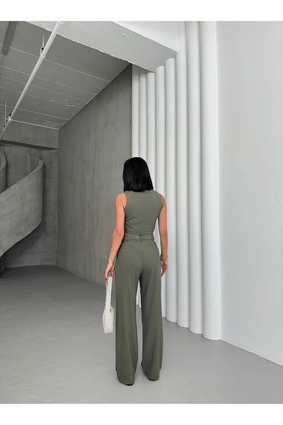 CCTWEAR Lined Asymmetrical Vest Pocket High Waist Wide Leg Pants Crop Triangle Suit