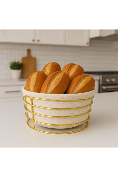 Kitchen Line Gold Detaylı, Beyaz Renkli Hasır Örme Sepetli Şık Ekmek Sepeti Ekmeklik