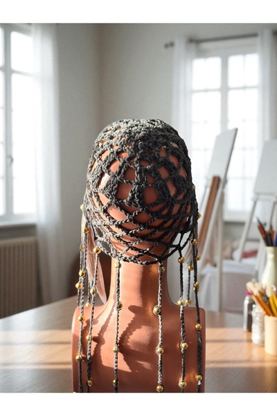 Zuviel Deco Handmade El yapımı örgü haki boncuklu file şapka,pinterest şapkası