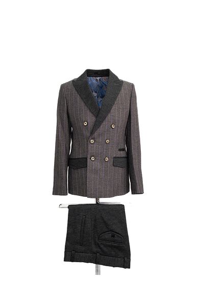 Micio Boy's Smoked Color Purple Striped Double Breasted Jacket Anthracite Trousers Suit