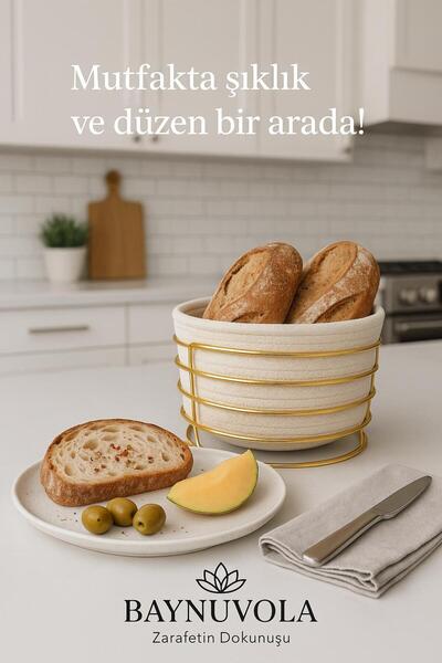 Kitchen Line Gold Detaylı, Beyaz Renkli Hasır Örme Sepetli Şık Ekmek Sepeti E...