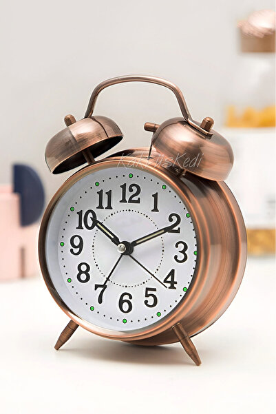 KaktüsKedi Nostaljik Büyük Boy Işıklı Bakır Masa Saati - Metal Çalar Saat