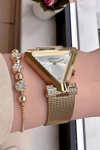 Daniel Klein Triangle Case Waterproof Women Wristwatch Gold Color Steel Band Gift Bracelet Dkby2031C1