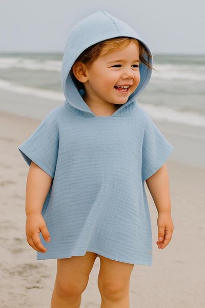 GÜNEŞ KİDS Organic 100% Cotton Muslin Hooded Beach Kids Baby Poncho Bathrobe Bath Towel