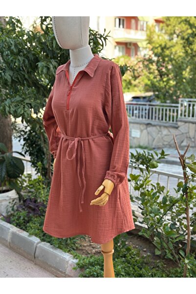 Paseam Atelier Kadın Müslin Kumaş Kiremit Gömlek Elbise