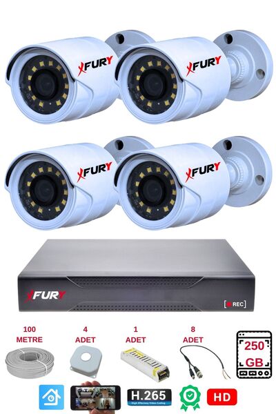 FURY 4 Lü Gece Renkli Görüş 5Mp Lens 1080p Güvenlik Kamerası su Geçirmez Güvenlik Kamerası Seti 250gb