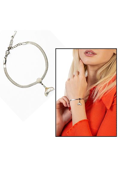 Tesbihane Silver Color Snake Chain Mother of Pearl Natural Stone Combination Whale Tail Design Women's Bracelet