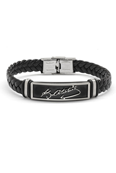 Tesbihane Ataturk Signature Design Black Leather-Steel Combination Bracelet104000549