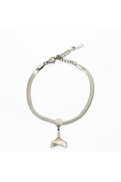 Tesbihane Silver Color Snake Chain Mother of Pearl Natural Stone Combination Whale Tail Design Women's Bracelet