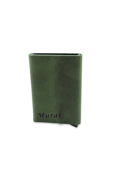 Tesbihane Modern Design All Hand Stitched Green Crazy Leather Mechanized Card Holder-Wallet