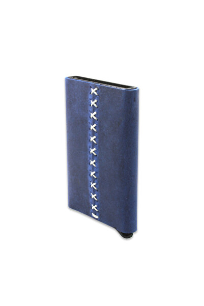 Tesbihane Μοντέρνο σχέδιο, όλο το ραμμένο στο χέρι, μπλε Crazy Leather θήκη για κάρτες-πορτοφόλι με μηχανισμό