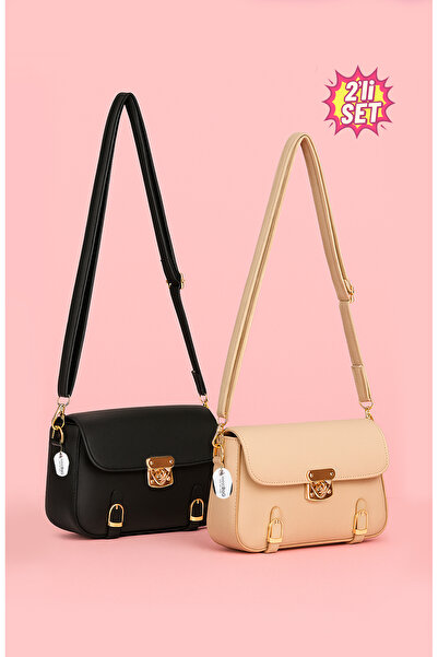westbag Geantă de mână și de umăr cu curea încrucișată cu detaliu de blocare pentru femei, dimensiune mică, negru și crem, set de 2