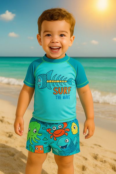 Lolliboomkids Băiat Surfer Fishbone Imprimat Albastru - Galben Alb Tricou Pantaloni Pantaloni Set Costum De Baie Sus Diver Partea Inferioară Parașuta