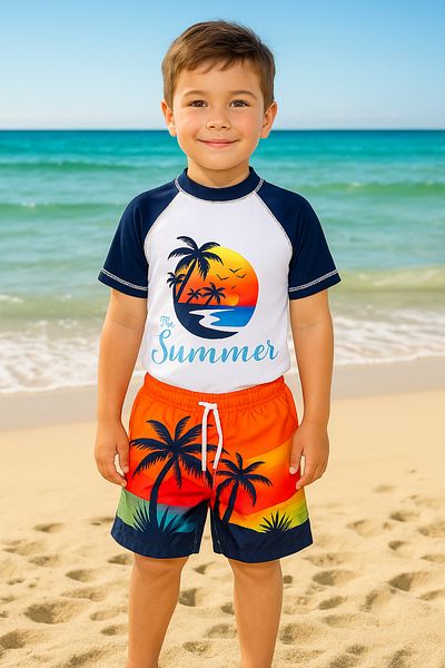 Lolliboomkids طقم ملابس سباحة للأولاد من Palm Sunset - تي شيرت وشورت بنمط صيفي