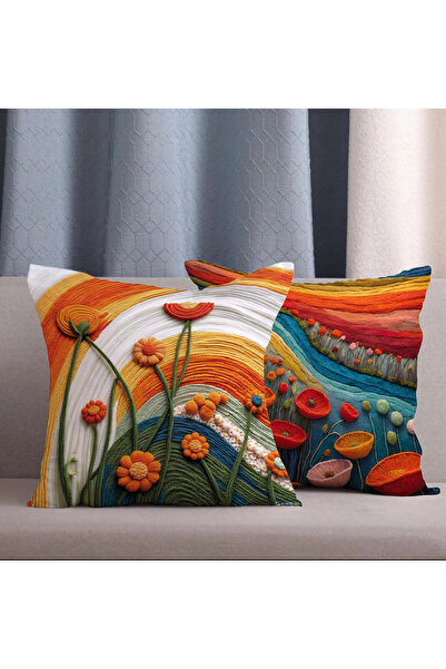 Alkan Homes 2 Li Kombin Renklii Bohemian Desen 3 Boyutlu Dijital Baskılı Kırlent Kılıfı