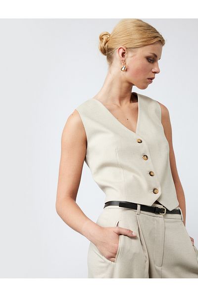 Koton V Neck Sleeveless Buttoned Blazer Vest