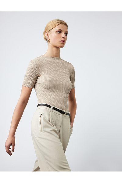 Koton Short Sleeve Crew Neck Gathered Textured Knit Sweater