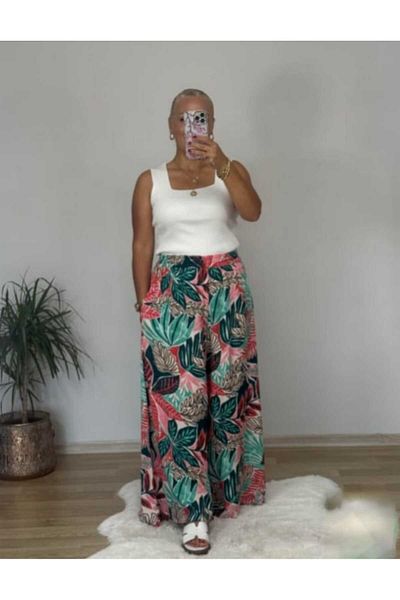 KLEERMAKER Women's Plus Size Cotton Viscose Fabric Elastic Waist Floral Patterned Pocket Skirt Trousers