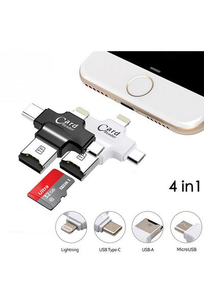 Generic قارئ بطاقات 4 في 1 Lightning Type-C Micro USB أسود