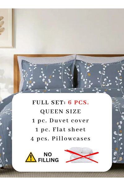 LUNA HOME Queen Size 6-piece Duvet Cover Set 200*230cm Grey Yellow Branches Print Pattern