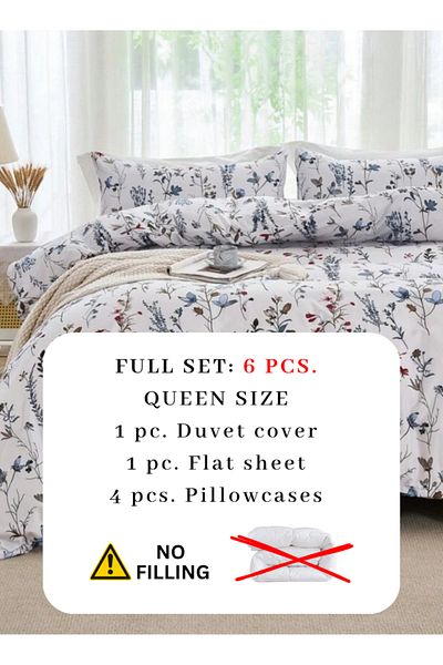 LUNA HOME Queen Size 6-piece Blue Bedding Set Featuring A Botanical Floral Design Duvet Cover