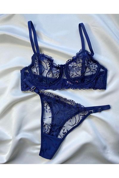 SİLVER MİRROR Set sutien cu dantelă florală albastru închis