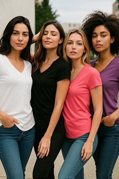 Rich Γυναικείο μπλουζάκι 4 συσκευασιών μαύρο-άσπρο-μωβ-ροζ 100% οργανικό βαμβάκι T-shirt με λαιμόκοψη