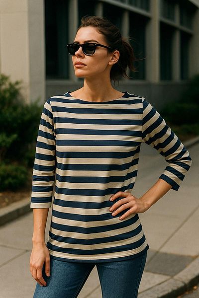 Rich Γυναικεία ριγέ βασική μπλούζα - Navy Blue Beige 3/4 μανίκι - Casual άνετο κομψό συνδυασμό - Νέα σεζόν Trend