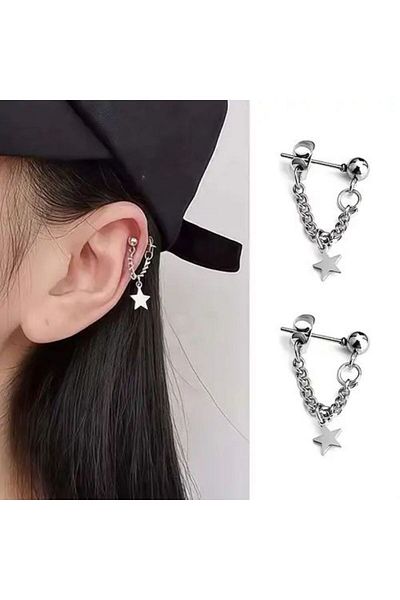 HISCOSMETIC Women's Silver Silver Star and Chain Detailed Dangle Earrings