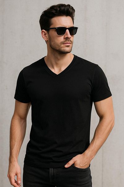 Rich Ανδρικό μπλουζάκι με λαιμόκοψη V 100% βαμβακερό κοντομάνικο μαύρο μπλουζάκι