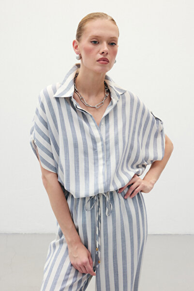 Sateen Çizgili Kısa Kol Gömlek - Lacivert