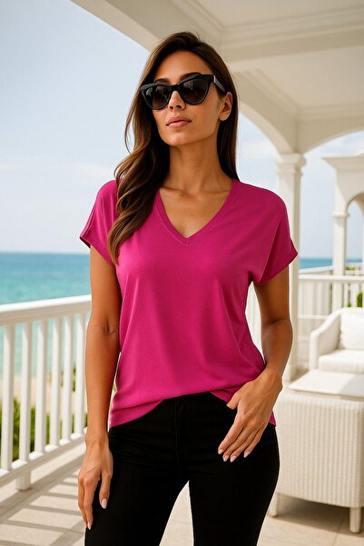 Rich Women's Pink Viscose V-Neck T-Shirt Short Sleeve Relaxed Cut Blouse
