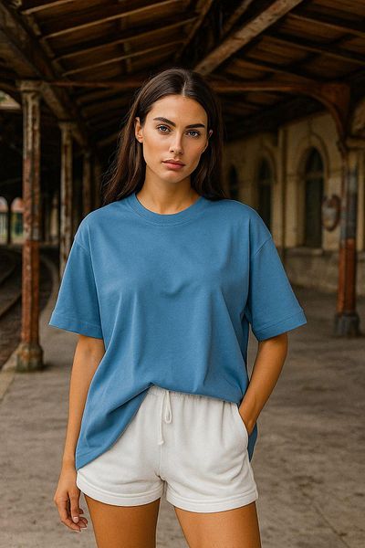 Rich Γυναικείο μπλουζάκι μπλε 100% βαμβακερό Oversize Basic – Άνετο μπλουζάκι με λαιμόκοψη