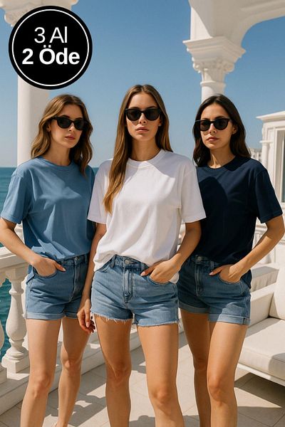 Rich Γυναικείο μπλουζάκι 3 συσκευασιών Navy Blue-Blue-White 100% βαμβακερό μπλουζάκι με λαιμόκοψη με χαλαρή λαιμόκοψη