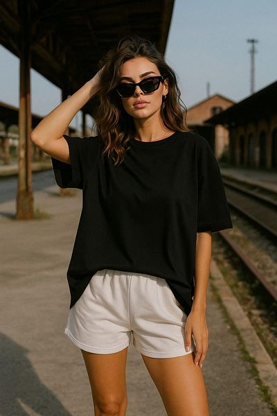 Rich Γυναικείο μαύρο μπλουζάκι 100% βαμβακερό oversize Basic – Άνετο μπλουζάκι με λαιμόκοψη