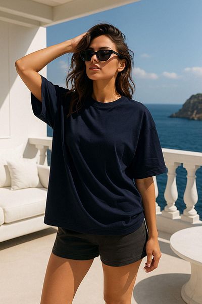Rich Γυναικείο μπλουζάκι Navy Blue 100% βαμβακερό Oversize Basic – Άνετο μπλουζάκι με λαιμόκοψη